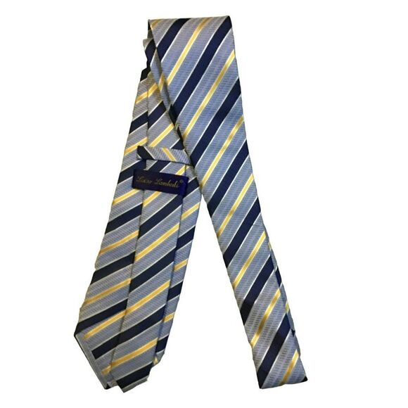5/$10 Lucio Lamberti Blue Yellow Silk Men's Tie 60 inch - Picture 2 of 4